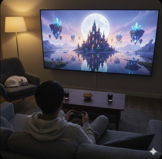 没入感のある最新のゲームを自宅のソファで楽しむ日本人男性。コントローラーを握り、大画面テレビに映る美しいゲームの世界に見入っている。